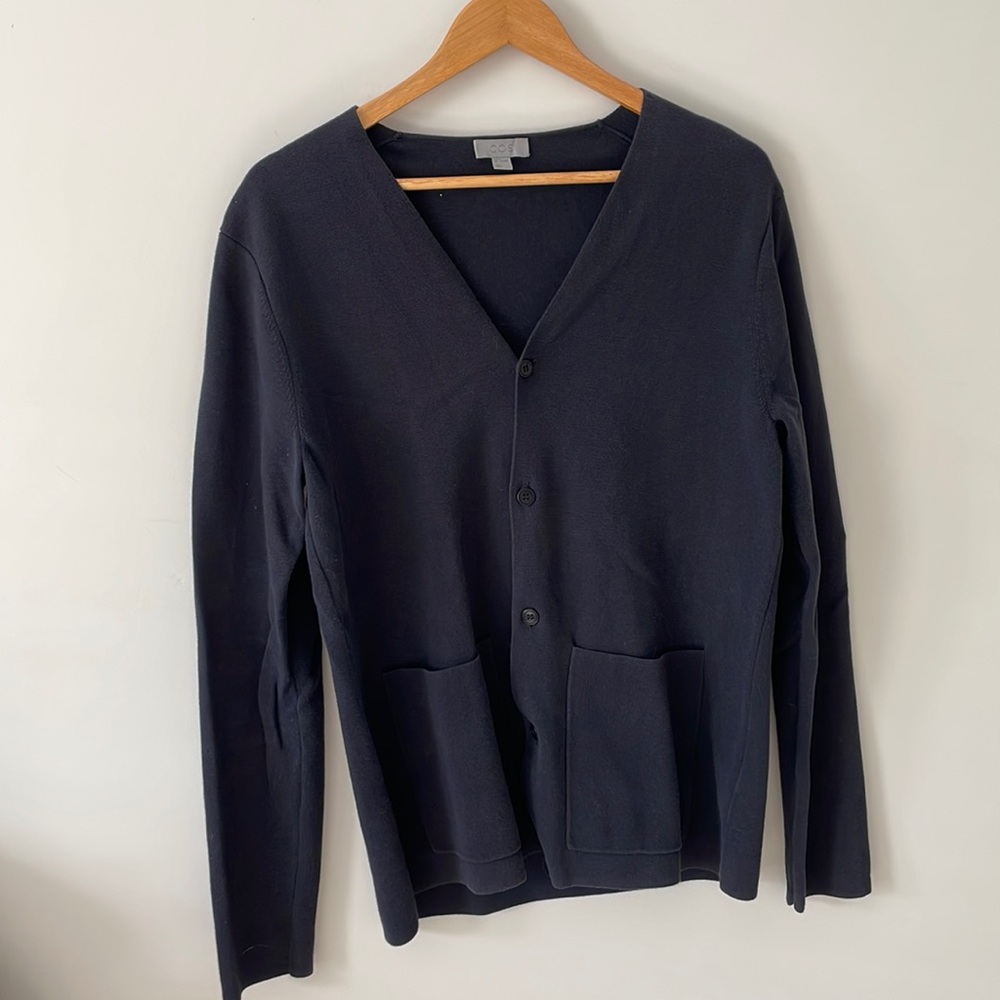 COS Navy V-Neck Cardigan, Size Medium Cotton Long Cardigan